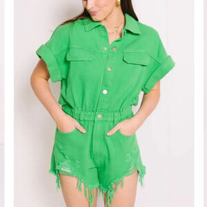 HERRINGSTONES Lida Kate Lucky Me Green Denim Romper‎ Size Medium NWOT